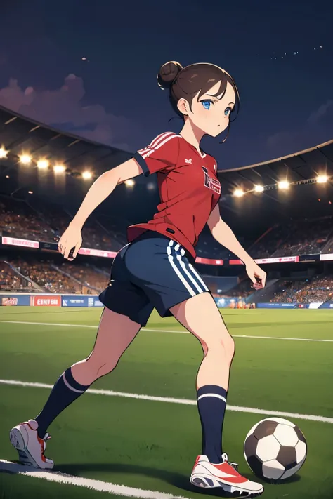 masterpiece, best quality, 1girl , medium breast ,  big ass , soccer field , soccer clothes , shorts , running , night ,  stadium ,  solo ,  brown hair ,  blue eyes  , hair bun , crowed  , full body  ,  