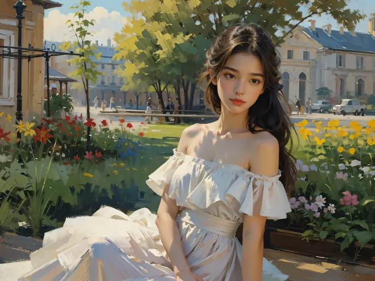 (masterpiece), (best quality), 1girl, portrait, bare shoulder, dress, earth tone, flowers, outdoor. oil_painting