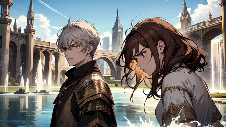 2 people, man and woman, medieval times, woman in thick brown hair, man in short white hair, woman looks upset, woman looks angry, highly detailed face, beautiful face, in a fountain, blue sky