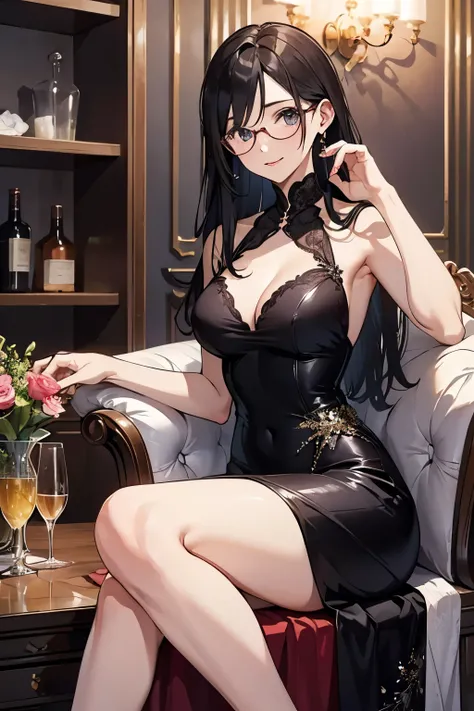 beautiful mature woman、party、dress、high heels、Upper body、long hair、Glasses、adorable expression、cute、beautiful eyes