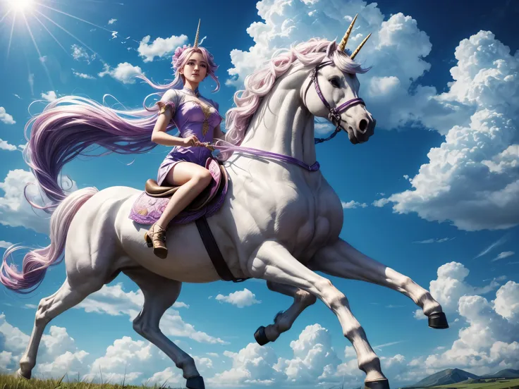 A beautiful girl riding a unicorn runs through the sky、The sky above the beautiful countryside、fantasy world、