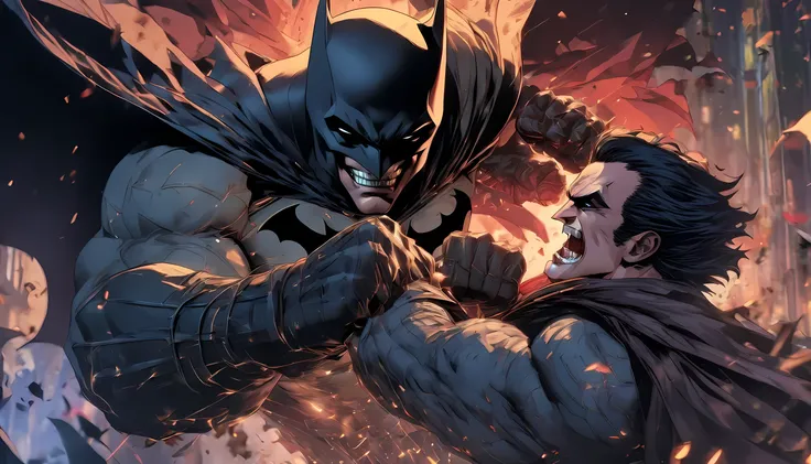 batman and Dracula beating each other, anger expression, crossed fist, cross punch, standing in front of each other, fighting pose, battle Pose, best quality, ultra quality, absurd details, best light, best shadow, sharp, sharp picture, detailed face, deta...