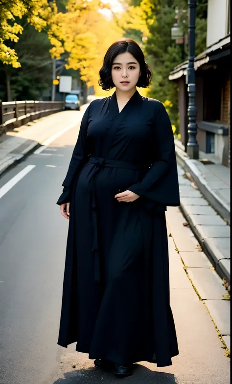 arafed woman in a black-blue dress outfit Stand on a sidewalk, wave short haircut, thicc, , korean woman, wearing black robe, asian woman, bbwchan, photograph of a techwear woman, hijab, wearing a black robe, woman in black robes, random pose, wearing dark...