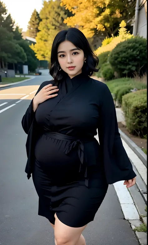 arafed woman in a black-blue dress outfit Stand on a sidewalk, wave short haircut, thicc, , korean woman, wearing black robe, asian woman, bbwchan, photograph of a techwear woman, hijab, wearing a black robe, woman in black robes, random pose, wearing dark...