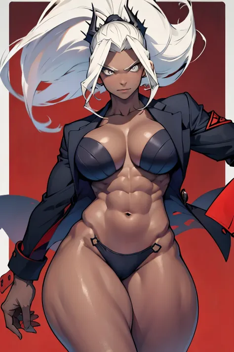 1 girl, judgement, colored skin, jacket, ((muscular body)), (thick thighs), (big breasts)