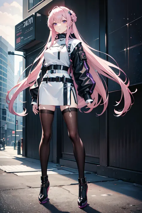 (masterpiece), best quality, expressive eyes, perfect face, pale pink long hair, violet eyes, techwear, turtleneck crop top, (cheongsam undershirt), hoodie, young girl, concept art, full body, , belt, skirt, stockings, (ultra detailed), (masterpiece), (hig...