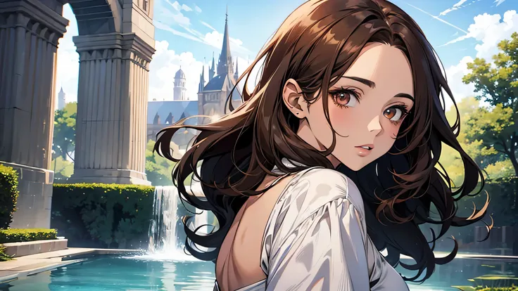 beautiful girl, thick brown hair, brown eyes, plump lips, face detailed, Clear facial expressions，Detailed digital anime art，digital anime art，High quality anime art style，medieval times, wearing white gown, in fountain, blue sky, looking back