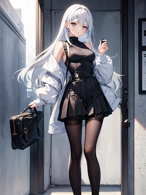 modern style attire，An 18-year-old girl，medium chest。Royal sister。The upper body is wearing a sweater。Wearing a pleated skirt with black suspenders on the lower body（Concretely reflect the texture on the legs）。perfect body proportions。Reflect the beauty of...