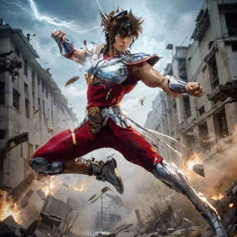 full body photo, real male human similar to pegasus seiya in the saint seiya movie, short brown seiya model hair, very tight red...