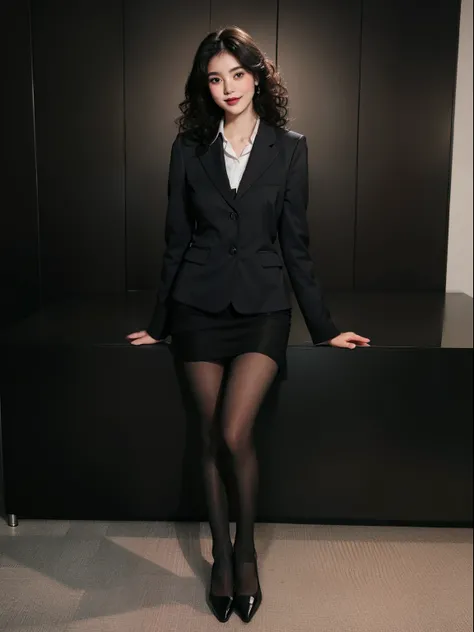 （anatomically correct:1.5)，(best quality:1.5), full body portrait, (delicate face:1.2), (pretty face:1.2), slim figure, office lady，Office wear,black coat，Collared white shirt,long black hair，(curls:1.2)，(long legs:1.2)，(black_pantyhose:1.2)，Lovely，(Smile:...