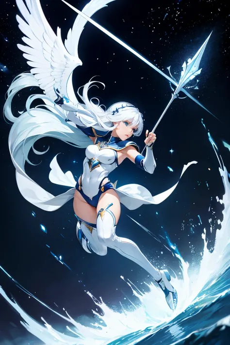 Signo del zodiaco, Sagitario, Futurismo, Silver and dynamic, beautiful 18 year old woman with bow Fantasy Action armor Silver hair Full body White Blue rays Galaxy background with lines of force and motion Add silver armor Upgrade Add archer White beast Li...