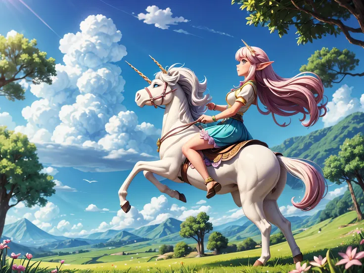 A beautiful elf girl riding a unicorn runs through the sky、The sky above the beautiful countryside、fantasy world、stream