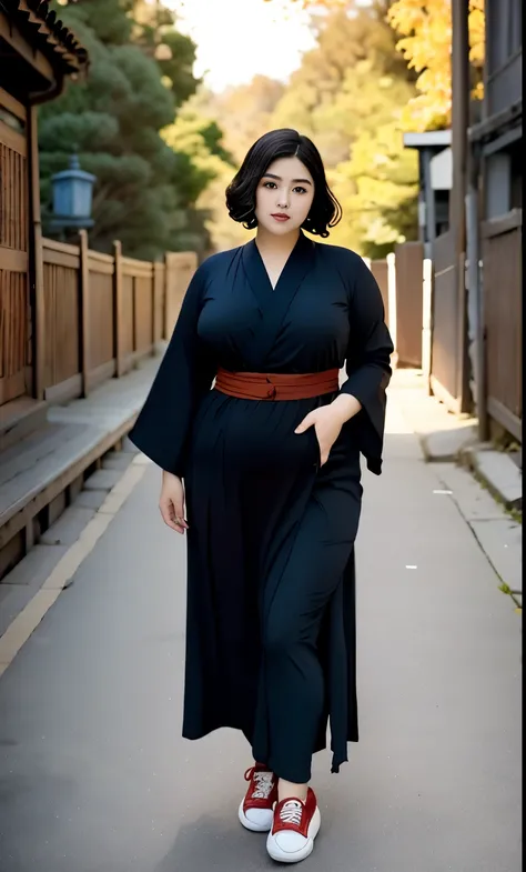 arafed woman in a black-blue dress outfit and red cardigan Stand on a sidewalk, wave medium short haircut, thicc, , korean woman, wearing black robe, asian woman, bbwchan, photograph of a techwear woman, hijab, wearing a black robe, woman in brown wood rob...