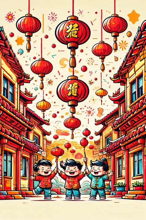 a dynamic and joyful vector-style illustration celebrating the chinese lunar new year. the scene is alive with children playing ...