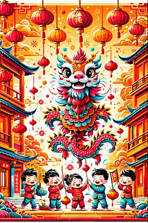 a dynamic and joyful vector-style illustration celebrating the chinese lunar new year. the scene is alive with children playing ...