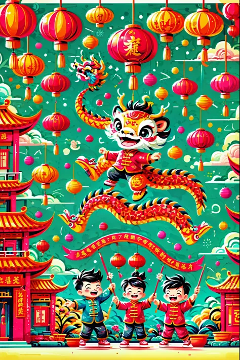 a dynamic and joyful vector-style illustration celebrating the chinese lunar new year. the scene is alive with children playing ...