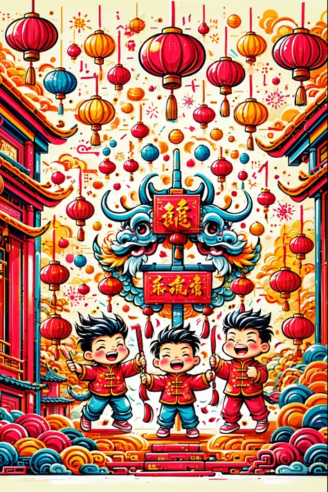 a dynamic and joyful vector-style illustration celebrating the chinese lunar new year. the scene is alive with children playing ...