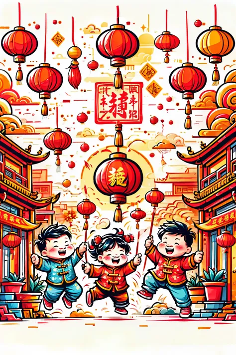 a dynamic and joyful vector-style illustration celebrating the chinese lunar new year. the scene is alive with children playing ...