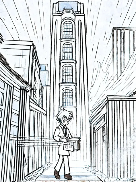 a young man standing on the street，There is a delicate face，it&#39;It was raining heavily in the sky，Behind is a tall office building，Holding file box in hand，surprised expression，The environment is oppressive，Exquisite details，Strong sense of line