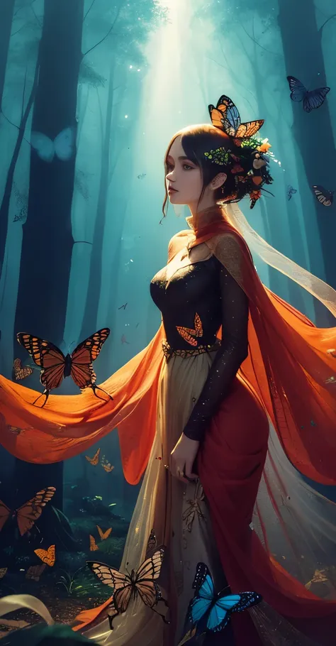 beautiful dark haired woman covered entirely by millions of monarch orange black and red butterflies like a second skin a gossam...