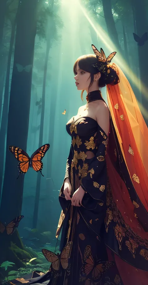 beautiful dark haired woman covered entirely by millions of monarch orange black and red butterflies like a second skin a gossam...