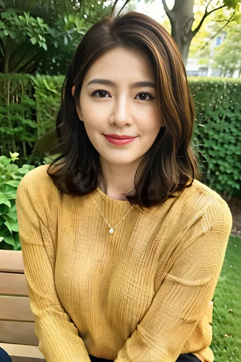 highest quality、masterpiece、ultra high resolution、(Photoreal:1.4)、japanese woman、48 years old female，wavy brunette hair、silk、yellow long sweater，lace pantyhose（huge breasts：1.4）、stand on one&#39;my feet：1.2，garden background，Slightly chubby body type：1.2，s...