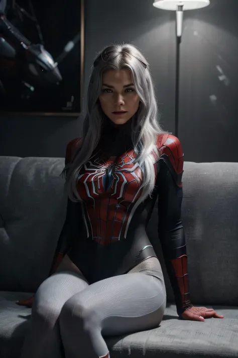 (Extreme Detail CG Unity 8K wallpaper, masterpiece, highest quality), (Exquisite lighting and shadow, highly dramatic picture, Cinematic lens effect), a girl in a white Spider-Man costume, silver gray hair color, from the Spider-Man parallel universe, Weng...