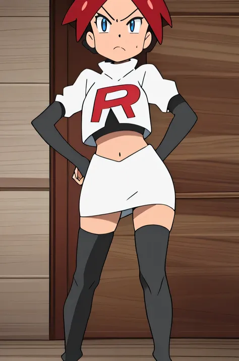 masterpiece, best quality, highres,team rocket uniform, red letter r, white skirt, white crop top, black thigh-high boots, black elbow gloves, glaring angrily, looking at viewer, hands on hips, full body seen, zettai ryouiki
