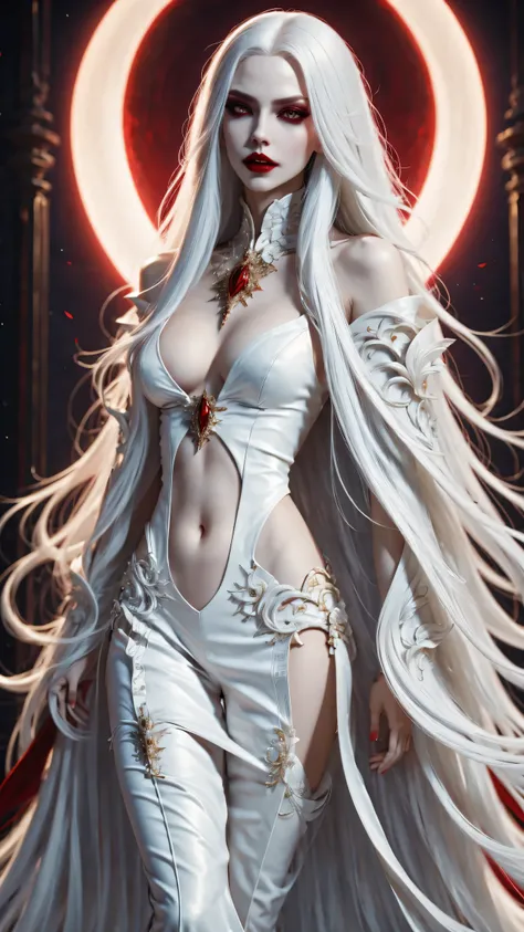 A terrifying and beautiful vampire, long white hair, Beautiful red lips, complicated eye roll, like a dream, ethereal, Cover the navel,Popular topics on Artstation, white luxury suit, BalenciagaStyle, Royal background，sharp focus，soft light, (best quality,...