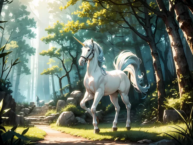 (8K, RAW photo, highest quality, masterpiece: 1.2), High-definition RAW color photo, Professional photography, cinematic light, unicorn、white horse with horns、A virgin wearing a transparent white dress、純潔を守る一人の少女がunicornに寄り添う:1.37、Gentle atmosphere、in the ...