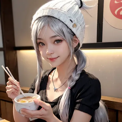 ((super small breasts)),((black eyes)),((Japanese)),((whole body)),((silver hair)),long hair,((very small )),((smile)),heavy makeup,necklace,ponytail,((pink shirt)),((white knit hat)),((At a ramen shop)),((Eat ramen))