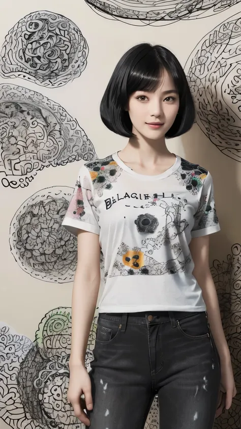 153
(Black Shorthair:1.46), (a 20 yo woman), (A hyper-realistic), (Masterpiece), (8KUHD), (gentle smile), Slender waist, Wearing jeans, ((Floral Clothing - T-Shirts)), Wearing long pants, abstract painting, (doodle:1.46), (brest:1.1), (口紅)