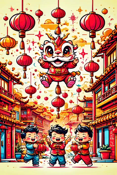 a dynamic and joyful vector-style illustration celebrating the chinese lunar new year. the scene is alive with children playing ...