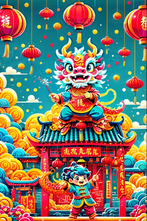 a dynamic and joyful vector-style illustration celebrating the chinese lunar new year. the scene is alive with children playing ...