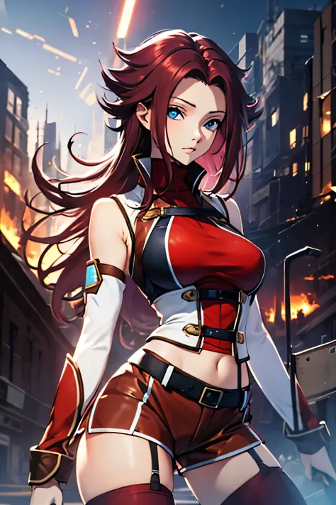 masterpiece, best quality, highly detailed, highres, hdr,
code geass, 1girl, solo, kallen stadtfeld,holding weapon, gun, holding gun,
bare shoulders, midriff, (((brown sleeveless turtleneck))), red thighhighs, (((brown shorts))), red shirt, ((white detach...