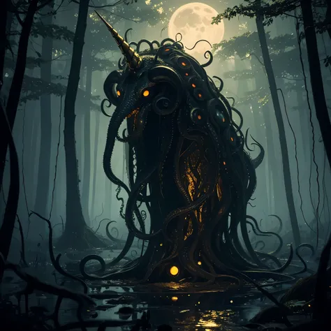 An eldritch horror with many tentacles and many insect eyes crawls through the forest, it has a single golden unicorn head protruding from its head, set in a moonlit swamp