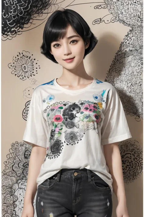 154
(Black Shorthair:1.46), (a 20 yo woman), (A hyper-realistic), (Masterpiece), (8KUHD), (gentle smile), Slender waist, Wearing jeans, ((Floral Clothing - T-Shirts)), Wearing long pants, abstract painting, (doodle:1.46), (brest:1.46), (口紅)
