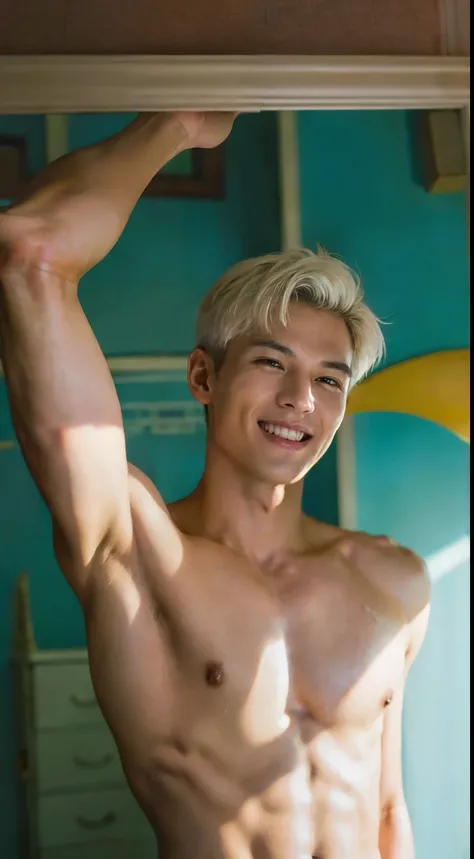 ((masterpiece)), ((best quality)), ((high resolution)), ((Detailed background)), ((Extremely detailed CG unified 8k wallpaper)), alone, Young men,white hair,short hair,Smile,thin waist，6-pack abs，Sexy胸肌,Sexy, Thin stature,detailed body, The perspective is ...