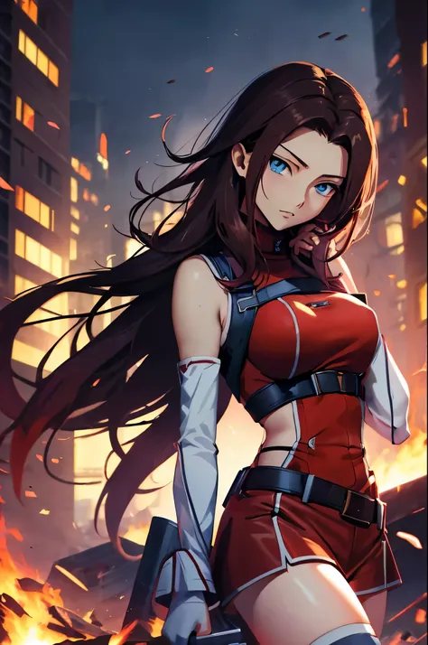 masterpiece, best quality, highly detailed, highres, hdr,
code geass, 1girl, solo, kallen stadtfeld,holding weapon, gun, holding gun,
bare shoulders, midriff, (((brown sleeveless turtleneck))), red thighhighs, (((brown shorts))), red shirt, ((white detach...