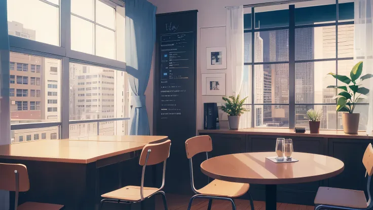 The background is the interior of the café、table、Chair、window