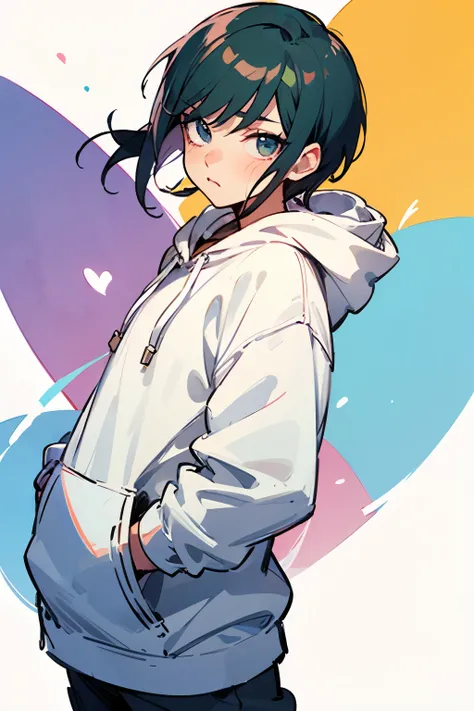 black short hair，beautiful，Drooping eyes，white hoodie，1 person，Osomatsu-san default