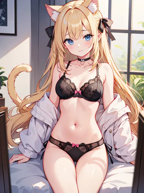 masterpiece, {{{{Highest quality}}}}, beautiful,NSFW,1 girl, blonde_hair, cat ears(blonde), cat tail(blonde) ,{{{underwear only}}}, {{{bow bra(pink)}}},{{{bow panties(pink)}}}, lace-trimmed bra(black), lace-trimmed panties(black), lace trim, a choker、