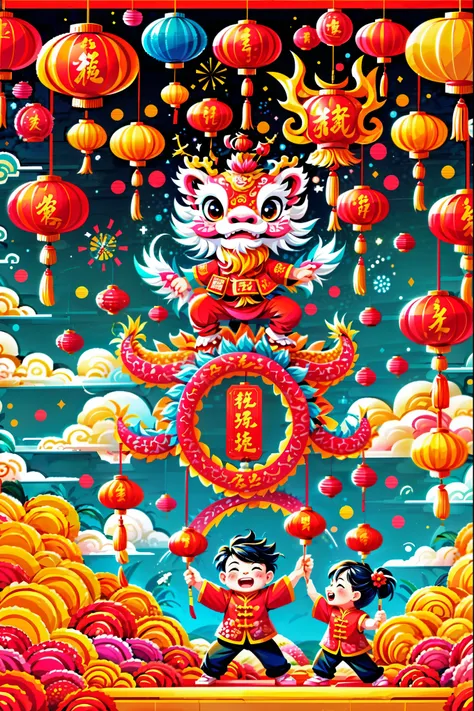 a dynamic and joyful vector-style illustration celebrating the chinese lunar new year. the scene is alive with children playing ...