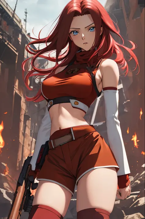 masterpiece, best quality, highly detailed, highres, hdr,
code geass, 1girl, solo, kallen stadtfeld,holding weapon, gun, holding gun,
bare shoulders, midriff, (((brown sleeveless turtleneck))), red thighhighs, (((brown shorts))), red shirt, ((white detach...
