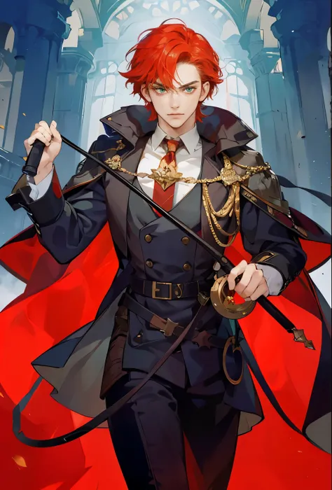 1 boy, handsome male, handsome face, red hair, green eyes, glaring, holding a whip in his hand, serious expression, tsundere, standing in castle, Medieval aristocratic mens clothing., best quality, amazing quality, very aesthetic, absurdres, masterpiece,