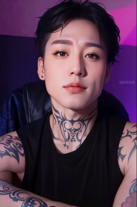 a closeup of a person with tattoos on their arms, twitch streamer / jogador ludwig, twitch streamer, bladee da gangue de drenagem, homem sul-coreano, foto do perfil 1024px, Yanjun Chengt, neck beard, Hong junho hyung, Longque Chen, profile picture with hea...