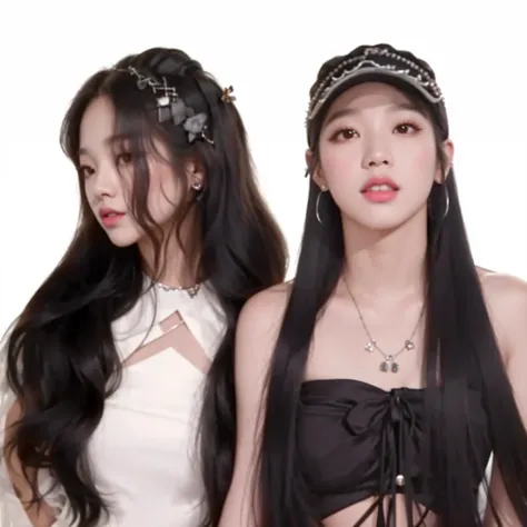 Dos mujeres con pelo largo y sombrero posan para una foto., con el mismo peinado, jossi de blackpink, jennie rosa negro, inspirado por Kim Jeong-hui, aesthetic!!!!!! genio femenino, inspirado en Wang Duo, jisoo de blackpink, ulzzang, korean idol, portrait ...