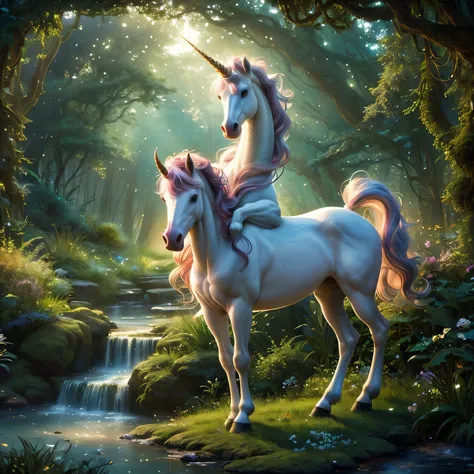 A captivating full body shot of a radiant maiden in a whimsical enchanted forest, tenderly caressing a majestic unicorn with iridescent horn, bathed in ethereal moonlight. The maiden, adorned in a flowing gown of pastel hues, shows a gentle smile on her an...