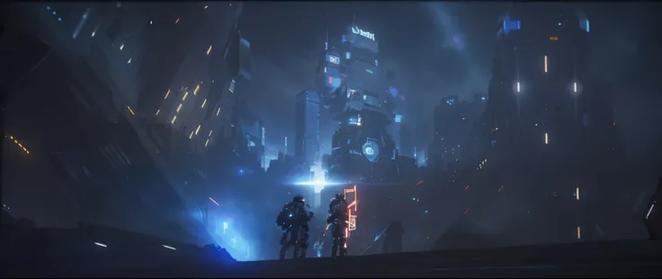 there is a robot with glowing eyes standing in a dark city, wojtek fus, death + robots series of netflix, by Ludwik Konarzewski, key art,  cg art, beeple and tim hildebrandt, sci-fi digital art illustration,scifi city only black blue light blue colors, onl...