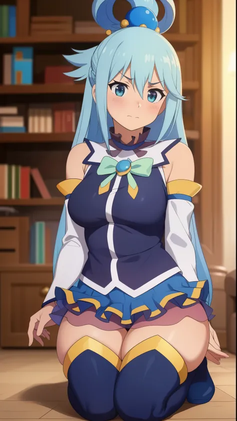 aqua (konosuba), ((highres)), Masterpiece, high quality, best quality, beautiful, perfect lighting, detailed face, ultra cute face, (blush), ((1girl)), ((solo)), Separated sleeves, skirt, thigh boots, Hair ornament, Hair ring, Long hair, blue hair, (blush)...